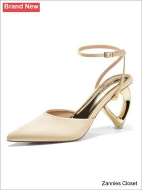 ✨ Coutgo Women's Satin Kitten Heels Pointed Toe Heart Heel Ankle Strap Pumps